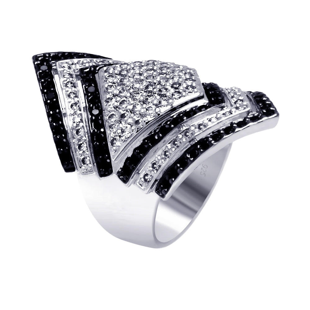 Closeout-Silver 925 Rhodium and Black Rhodium Plated 2 Toned Clear and Black Pave Set CZ Diamond Shaped Ring - BGR00359