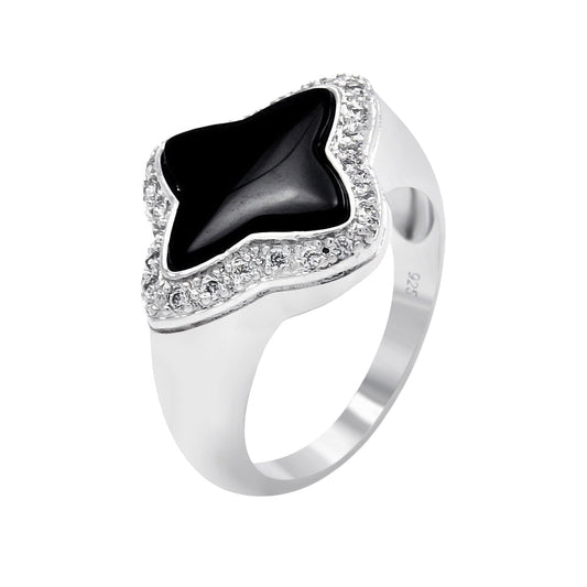 Closeout-Silver 925 Rhodium Plated Black Onyx Center Clear Cluster Border CZ Flower Ring - BGR00378