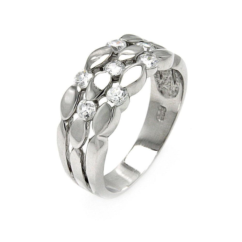 Silver 925 Rhodium Plated Clear CZ 3 Row Ring - BGR00480 | Silver Palace Inc.
