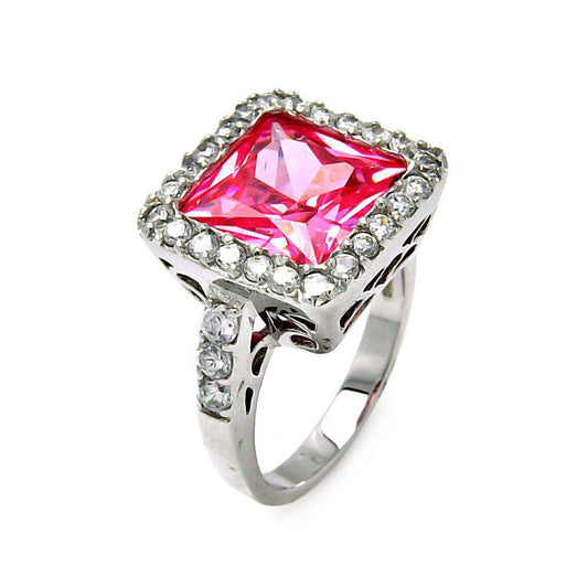 Closeout-Silver 925 Rhodium Plated Pink Square Clear Cluster CZ Ring - STR00081PINK | Silver Palace Inc.