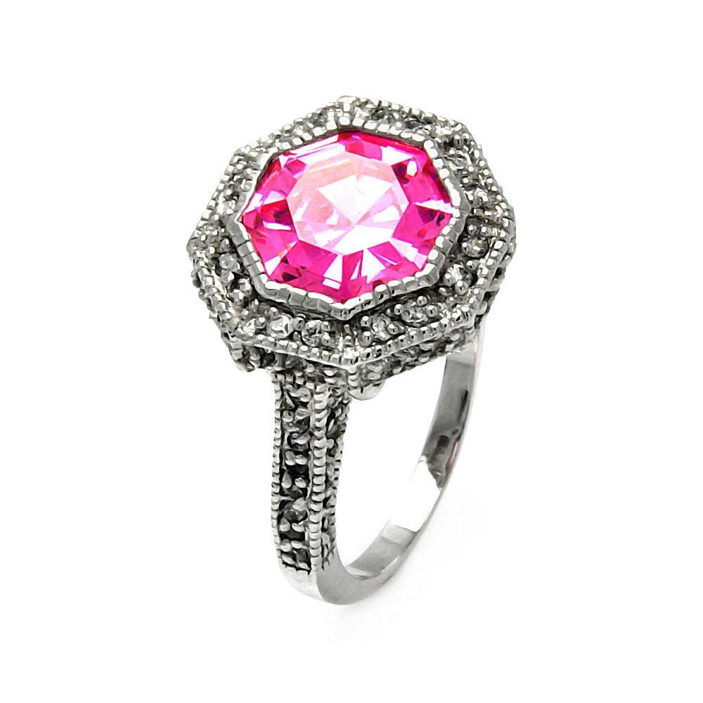 Closeout-Silver 925 Oxidized Rhodium Plated Pink Octagon CZ Ring - STR00120PNK | Silver Palace Inc.