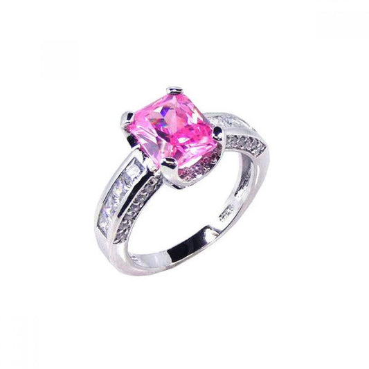 Closeout-Silver 925 Rhodium Plated Pink Square and Clear CZ Ring - STR00355 | Silver Palace Inc.