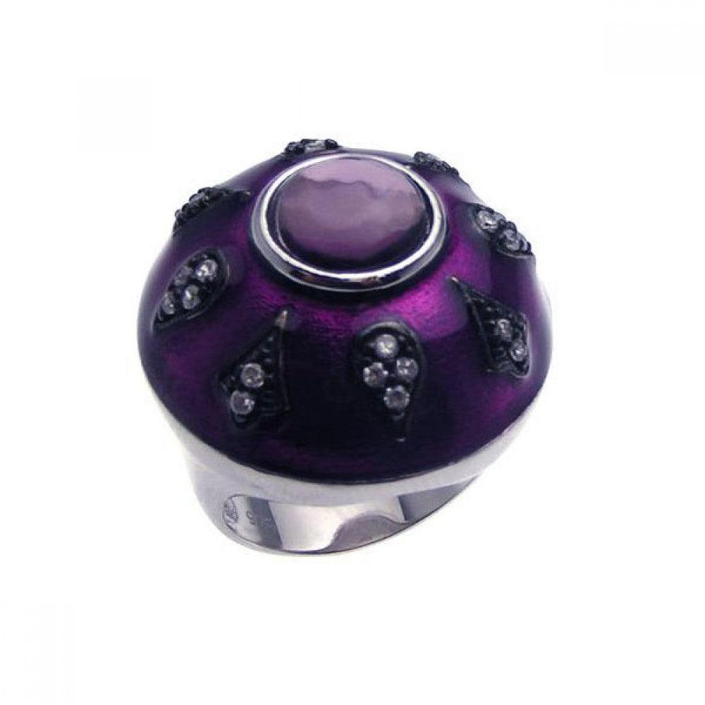 Closeout-Silver 925 Rhodium and Black Rhodium Plated Purple Enamel Purple Center Black and Clear CZ Dome Ring - STR00621 | Silver Palace Inc.