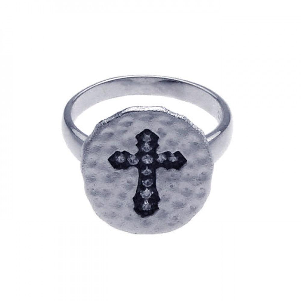 Closeout-Silver 925 Rhodium and Black Rhodium Plated CZ Cross Hammered Ring - STR00625 | Silver Palace Inc.