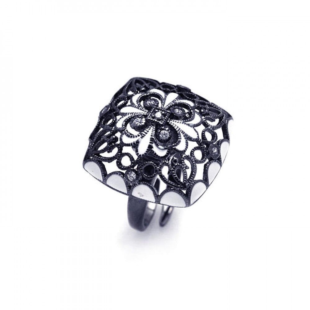 Closeout-Silver 925 Black Rhodium Plated Clear CZ Flower Ring - STR00700 | Silver Palace Inc.