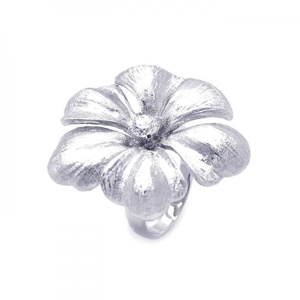 Silver 925 Rhodium Plated Matte Finish Single CZ Flower Ring - STR00820 | Silver Palace Inc.