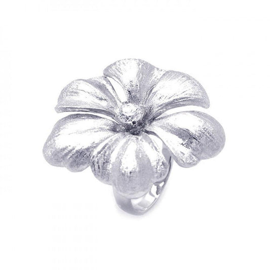 Silver 925 Rhodium Plated Matte Finish Single CZ Flower Ring - STR00820 | Silver Palace Inc.