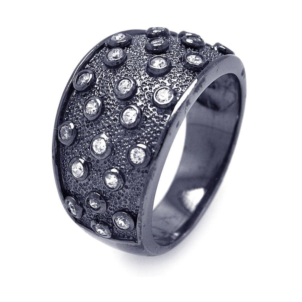 Silver 925 Black Rhodium Plated CZ Textured Cigar Band Ring - STR00825 | Silver Palace Inc.