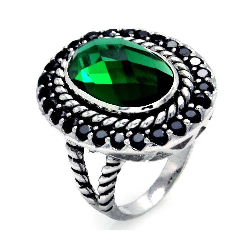 Closeout-Silver 925 Oxidized Rhodium Plated Green Center Black Cluster CZ Ring - STR00850 | Silver Palace Inc.