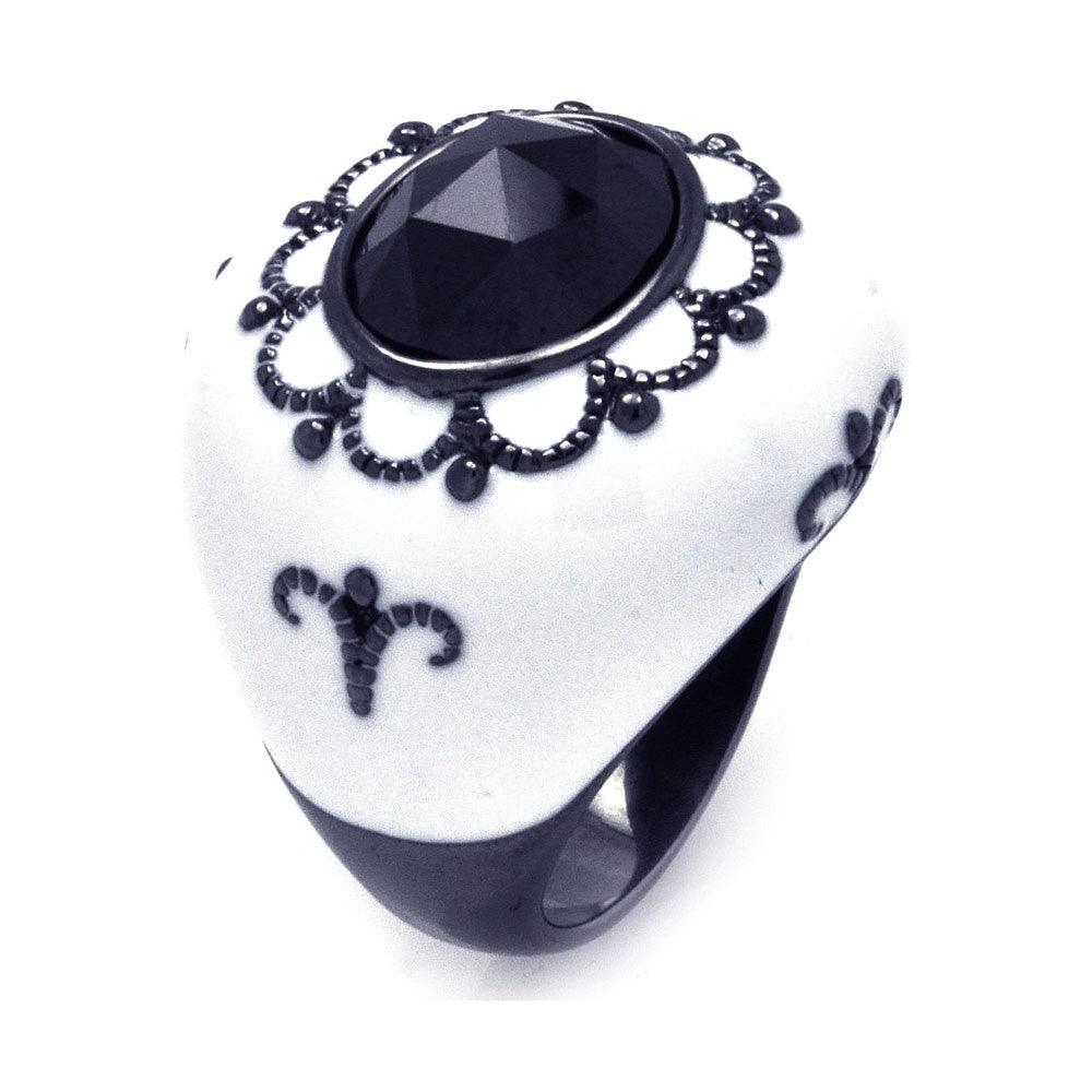 Closeout-Silver 925 Black Rhodium Plated White Enamel Black Center CZ Cigar Band Ring - STR00867 | Silver Palace Inc.