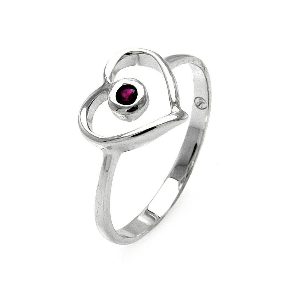 Silver 925 Rhodium Plated Small Red CZ Open Heart Ring - STR00900 | Silver Palace Inc.