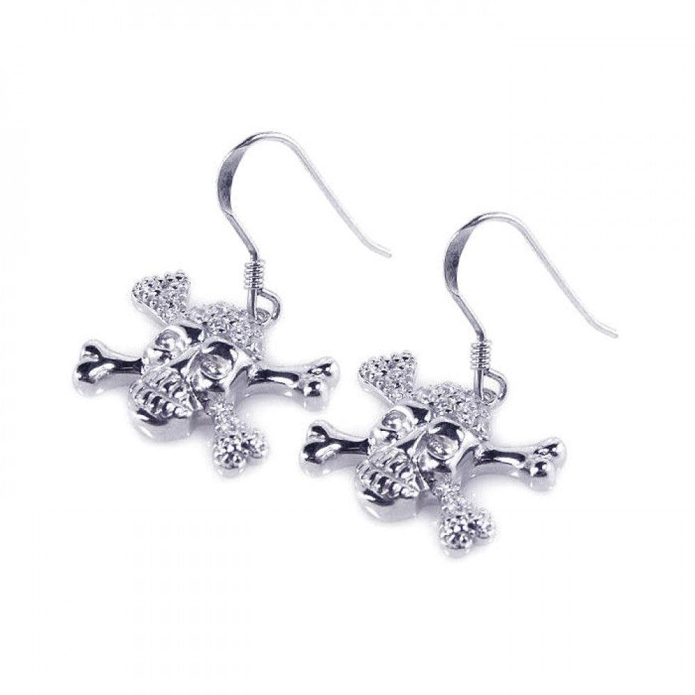 Silver 925 Rhodium Plated Pirate Skull CZ Dangling Hook Earrings - STE00537 | Silver Palace Inc.