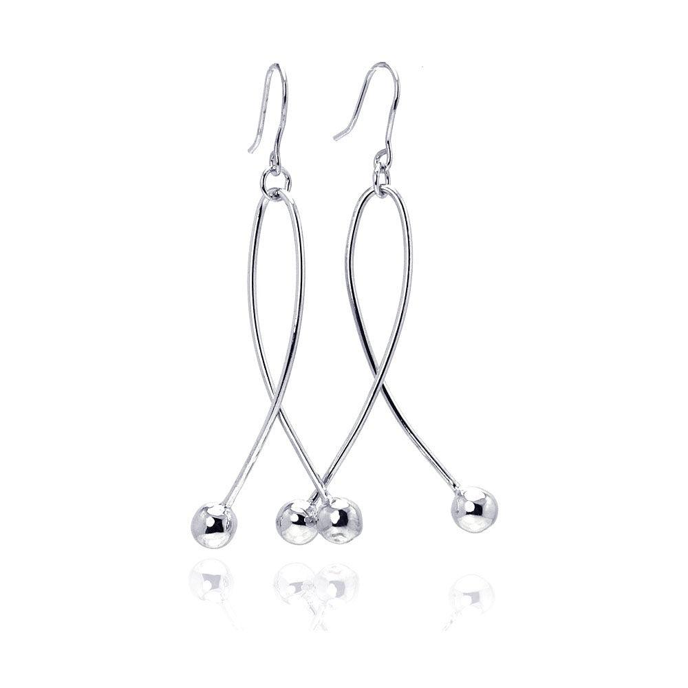 Silver 925 Rhodium Plated Twisted Dangling Two Hanging Balls Hook Earrings - DSE00031 | Silver Palace Inc.